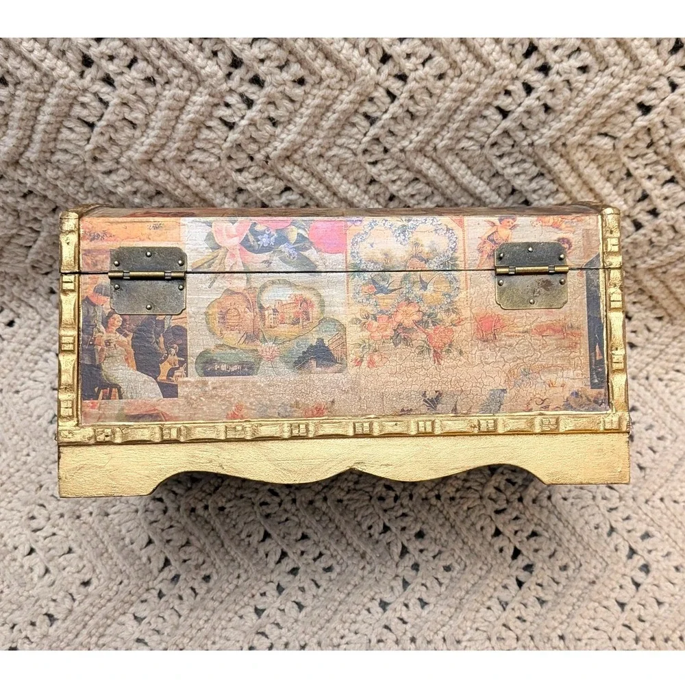 Vintage Style Decoupage Wooden Treasure Chest Jewelry Keepsake Box Gold Trim